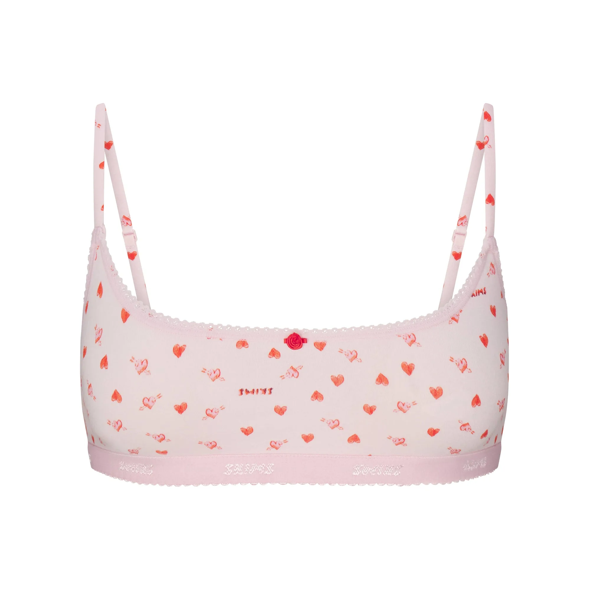 LIGHTWEIGHT COTTON LOGO PICOT SCOOP BRALETTE | BABY PINK ARROWED HEARTS